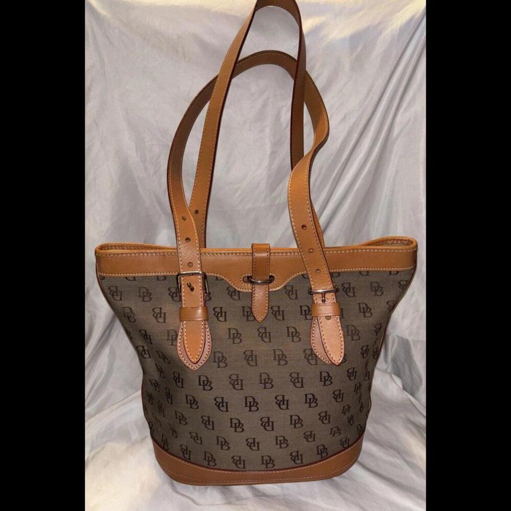 Dooney & Bourke Vintage Brown Monogram Tote Shoulder Bag Purse Leather Canvas